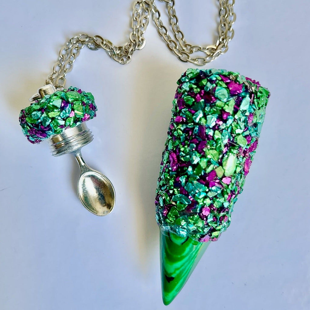 Spoon Necklace - Green Blue and Purple Custom Design (Write Note at checkout) / Spoon Inside Lid / Small Scoop