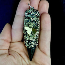 Custom Stash Butterfly Pendant Necklace with mixed black and silver crushed crystals for a marbled look and a matching black stone tip featuring a small silver butterfly charm accent on the base shown as a closed full pendant.