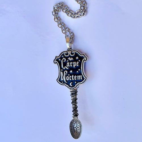 'Carpe Noctem' Tiny Festival Spoon Necklace with a shield shaped centerpiece charm that reads 