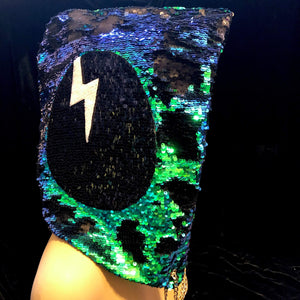 Techno Sequin Hood Rave Music Festival EDC Outfits Custom DirtyBird Symbol Mermaid Campout EDM Fur Infinity Shirt Scarf Spirit Hood Clothing-Rave Fashion Goddess