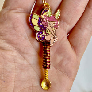 Custom Fairy Absinthe Spoon Necklace with a small colorful fairy lady centerpiece charm on a medium scoop size gold spoon base with complimenting wire wrapping details.