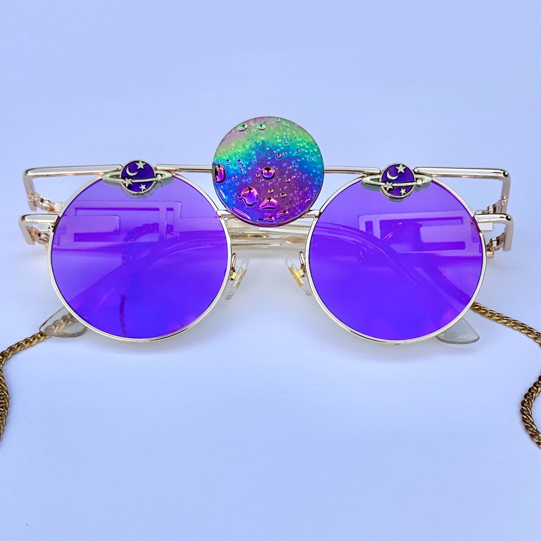 Small Frame Retro Sunnies with Chain Purple Lens Fun Costumes Purple Fade Round Hippie Glasses | Groovy Retro  main image 4