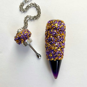 Sniffer Spoon Necklace in mixed purple and yellow with an Amethyst tip and a medium spoon inside the lid.