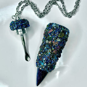 Snuff Vial With Spoon - Dark Blue and Peacock Stones