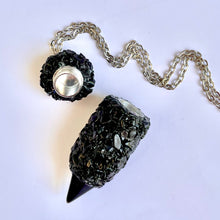 Stash Jar Necklace Pendant with all natural smooth-stone black Onyx crystals and matching black stone tip shown open without spoon option inside the lid.