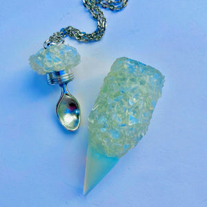 Stash Necklace with Scoop in full Moonstone with an Opal tip and a large size spoon scoop inside the lid.