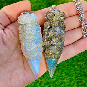 Stash Necklace with Scoop in full Moonstone with an Opal tip on the left and in full Labradorite with matching tip on the right.