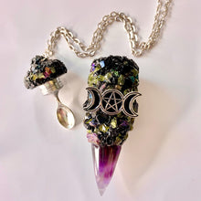 Custom Witch Pendant Stash Necklace with a mix of all natural stone Amethyst, Black Agate, and Peridot crystals with an Amethyst tip featuring a lunar pentagram accent charm on the base shown open with a large size spoon scoop inside the lid.