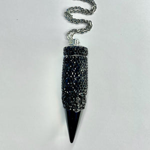 Container Necklace Pendant Stash with all an all black rhinestone covered base with black crushed crystal accents and a matching black tip closed full pendant.