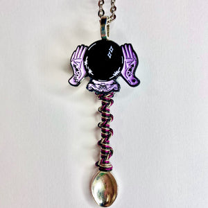 Custom Crystal Ball Tiny Festival Spoon Necklace featuring a mystical fortune teller crystal ball centerpiece charm and complimenting wire wrapped detailing.