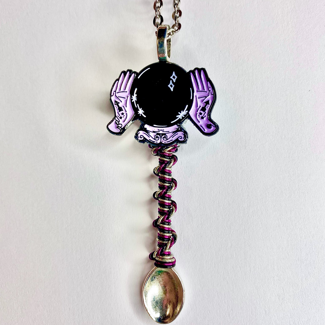 Custom Crystal Ball Tiny Festival Spoon Necklace featuring a mystical fortune teller crystal ball centerpiece charm and complimenting wire wrapped detailing.