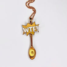 Custom Festival Gold Spoon Necklace featuring a "WTF?!" centerpiece charm on a large scoop size gold spoon pendant base.