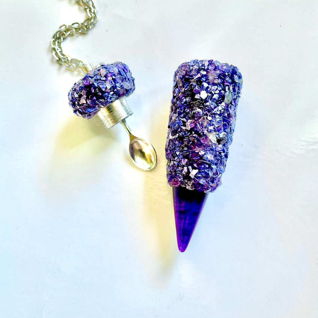 Hidden Compartment Necklace with mixed light and dark purples, magenta, silver, and real stone Amethyst crystals all over and an Amethyst tip with a large shovel style spoon scoop inside the lid.