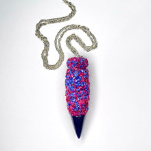 Custom Secret Compartment Jewelry Stash Necklace with a mix of Magenta and Periwinkle crushed crystals for a marbled look and tipped with a shimmering Blue Sandstone point shown as a closed, full pendant without the spoon inside the lid option.