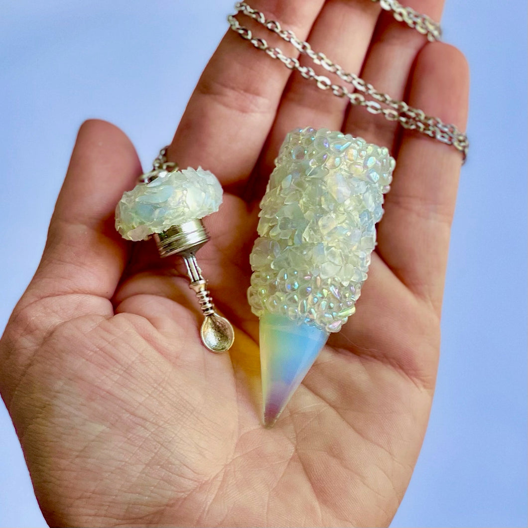 Secret Stash Jewelry pendant necklace with iridescent Opalite cyrstals and clear aura pearl bands and an Opal tip open with a medium sized spoon scoop inside the lid.