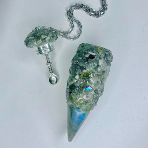Secret Stash Necklace in full iridescent Labradorite crystals with a matching Labradorite tip and a medium size spoon scoop inside lid.