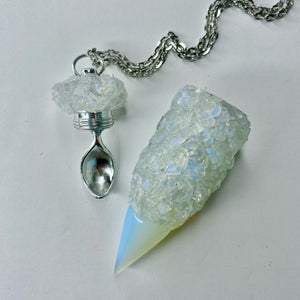 Stash Necklace with Scoop in full crushed iridescent Moonstone crystals with an Opal tip and a large size spoon inside the lid.