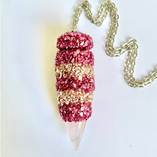 Vial Pendant Necklace with two-toned pink striped crystal details with a Rose Quartz point.