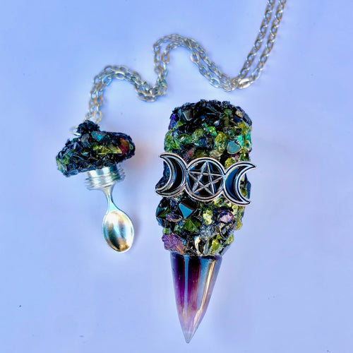 Custom Witch Pendant Stash Necklace with a mix of all natural stone Amethyst, Black Agate, and Peridot crystals with an Amethyst tip featuring a lunar pentagram accent charm on the base shown open with a large size spoon scoop inside the lid.
