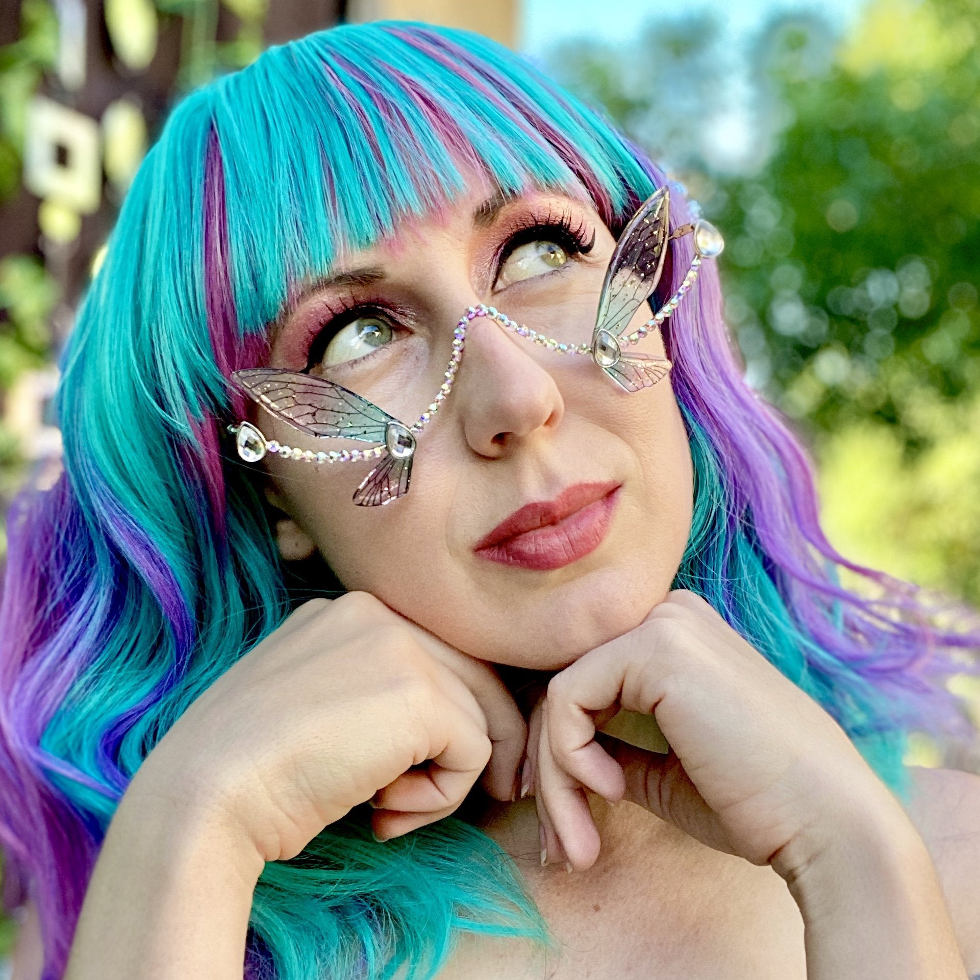 Butterfly Sunglasses Womens OS Purple New‎ Crystal Wing Fairy Rave Butterfly Fairy Sunglasses - Purple | Fashion Nova main image 2